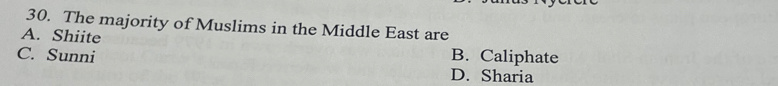 The majority of Muslims in the Middle East are
A. Shiite
C. Sunni B. Caliphate
D. Sharia