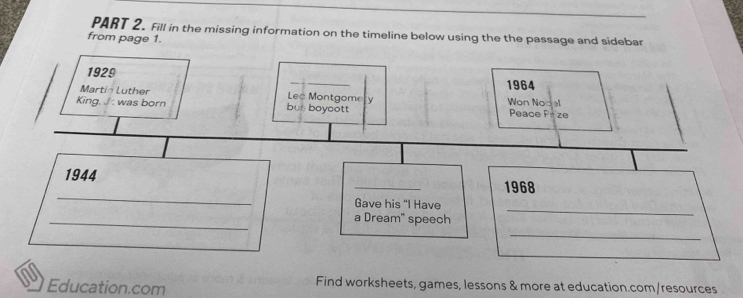 Fill in the missing information on the timeline below using the the passage and sidebar 
from page 1. 
_ 
1929 
1964 
Martin Luther Lec Montgome ly Won Nodel 
King. J was born bun boyoott Peace F ze 
_ 
1944 
_ 
1968 
Gave his “I Have 
_ 
a Dream" speech 
_ 
_ 
Education.com Find worksheets, games, lessons & more at education.com/resources