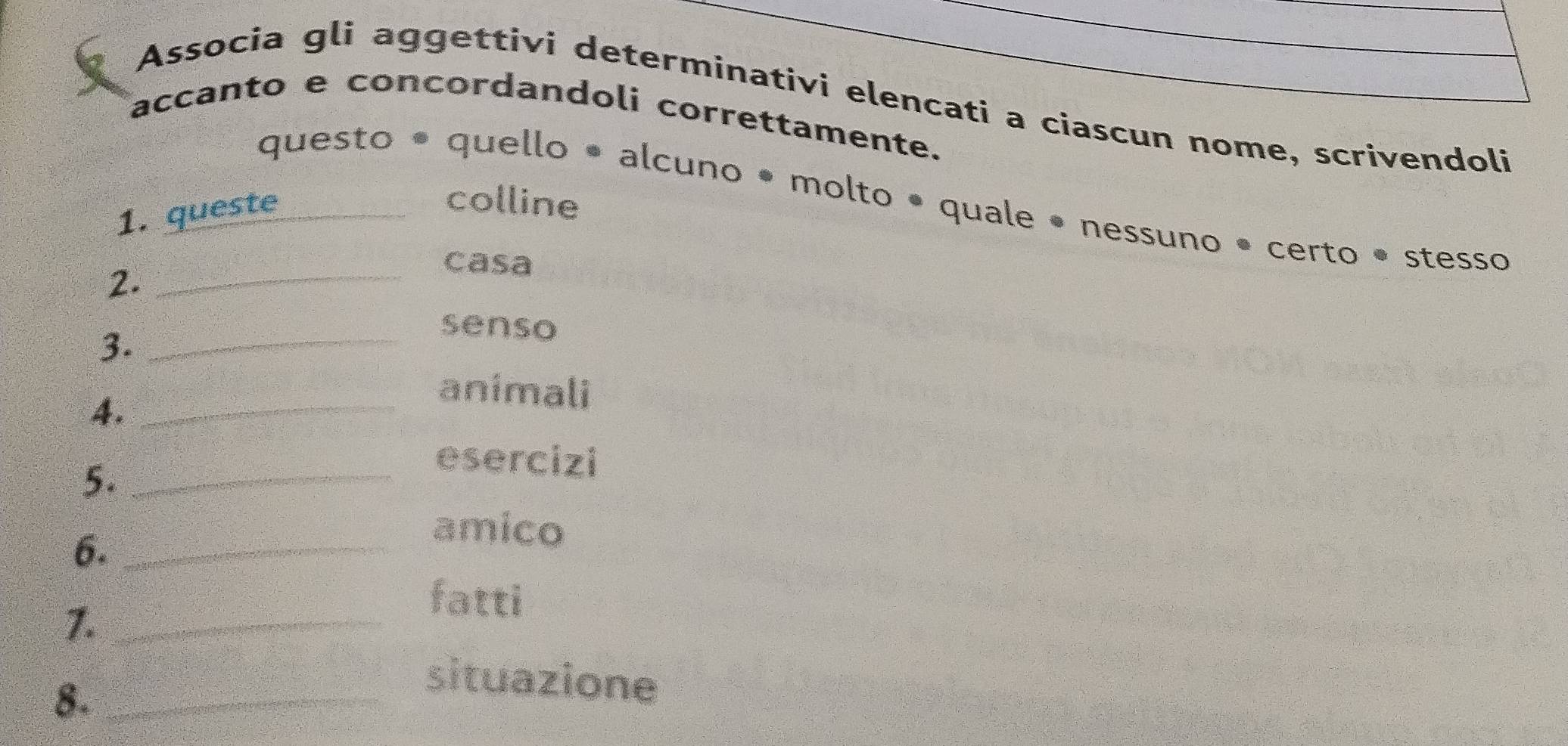 Associa gli aggettivi determinativi elencati a ciascun nome, scrivendoli 
accanto e concordandoli correttamente. 
colline 
questo • quello • alcuno • molto • quale • nessuno • certo • stesso 
1. queste_ 
2._ 
casa 
3._ 
senso 
4._ 
animali 
5._ 
esercizi 
6._ 
amico 
1._ 
fatti 
8._ 
situazione