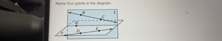 Name four points in the diagram.
B S
C
A
E
D
T