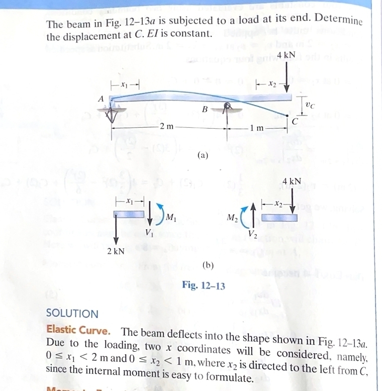 The beam in Fig. 12-13a is subjected to a load at its end. Determine
the displacement at C. EI is constant.
(a)
x_1
M_1
V_1
2 kN
(b)
Fig. 12-13
SOLUTION
Elastic Curve. The beam deflects into the shape shown in Fig. 12-13a.
Due to the loading, two x coordinates will be considered, namely,
0≤ x_1<2m</tex> and 0≤ x_2<1m</tex> , where x_2 is directed to the left from C.
since the internal moment is easy to formulate.