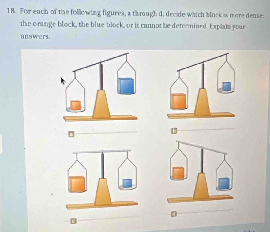 For each of the following figures, a through d, decide which block is more dense: 
the orange block, the blue block, or it cannot be determined. Explain your 
answers. 
1