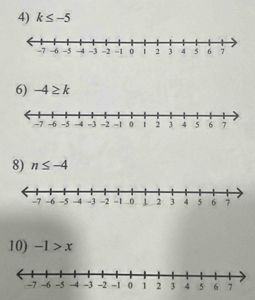 k≤ -5
6) -4≥ k
8) n≤ -4
10) -1>x