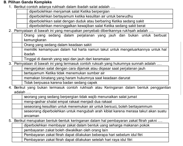 Pilihan Ganda Kompleks 
1. Berikut contoh adanya rukhsah dalam ibadah salat adalah .... 
Pembayaran zakat fitrah dapat dilakukan setelah hari raya idul fitri