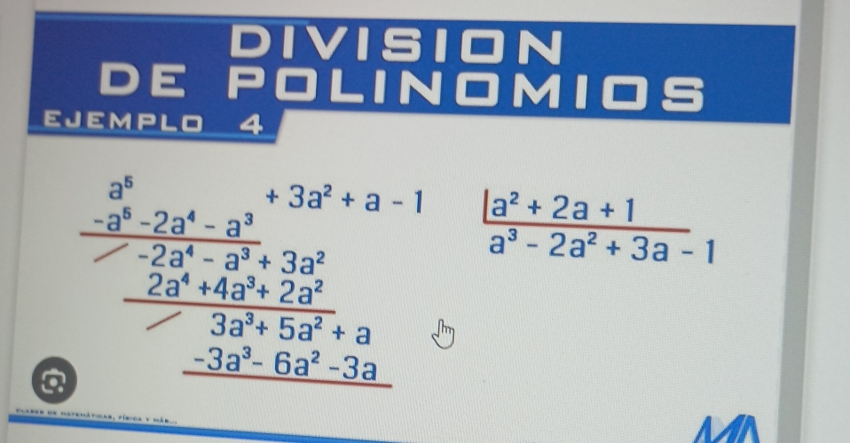 DIVISION 
DE POLINOMIOS 
EJEMPLO 4 
o beginarrayr 2frac frac 3-3k^2-2x^4-3x^3+3x^2+3x^3 -2x^3+4x^2+2x^2 hline 3x^2+5x^2+3 -2x^3-6x^2+3x hline endarray
 (|a^2+2a+1)/a^3-2a^2+3a-1 