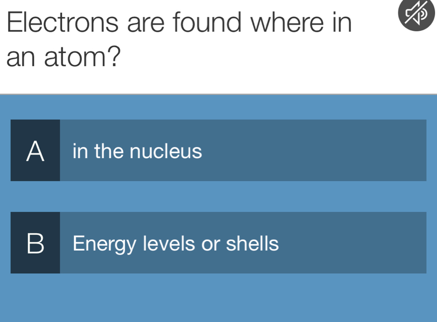 Electrons are found where in
D
an atom?
A in the nucleus
B Energy levels or shells