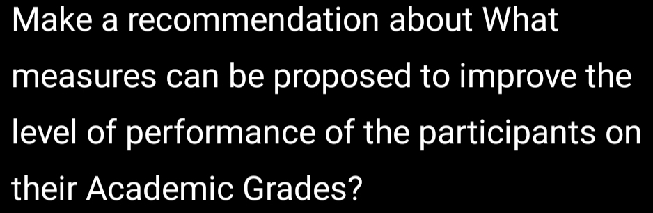 Make a recommendation about What 
measures can be proposed to improve the 
level of performance of the participants on 
their Academic Grades?