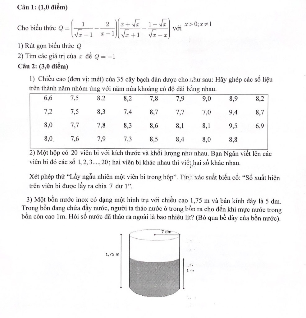 (1,0 điểm)
Cho biều thức Q=( 1/sqrt(x)-1 - 2/x-1 )( (x+sqrt(x))/sqrt(x)+1 - (1-sqrt(x))/sqrt(x)-x ) với x>0; x!= 1
1) Rút gọn biểu thức Q
2) Tìm các giá trị của x đề Q=-1
Câu 2: (3,0 điểm)
1) Chiều cao (đơn vị: mét) của 35 cây bạch đàn được cho như sau: Hãy ghép các số liệu
trên thành năm nhóm ứng với năm nửa khoảng có độ dài bằng nhau.
2) Một hộp có 20 viên bi với kích thước và khối lượng nh: nhau. Bạn Ngân viết lên các
viên bi đó các số 1, 2, 3...., 20; hai viên bi khác nhau thì viế; hai số khác nhau.
Xét phép thử “Lấy ngẫu nhiên một viên bi trong hộp”. Tính: xác suất biến cố: “Số xuất hiện
trên viên bi được lấy ra chia 7 dư 1 ''.
3) Một bồn nước inox có dạng một hình trụ với chiều cao 1,75 m và bán kính đáy là 5 dm.
Trong bồn đang chứa đầy nước, người ta tháo nước ở trong bồn ra cho đến khi mực nước trong
bồn còn cao 1m. Hỏi số nước đã tháo ra ngoài là bao nhiêu lít? (Bỏ qua bề dày của bồn nước).