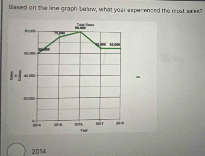 Based on the line graph below, what year experienced the most sales?
2014