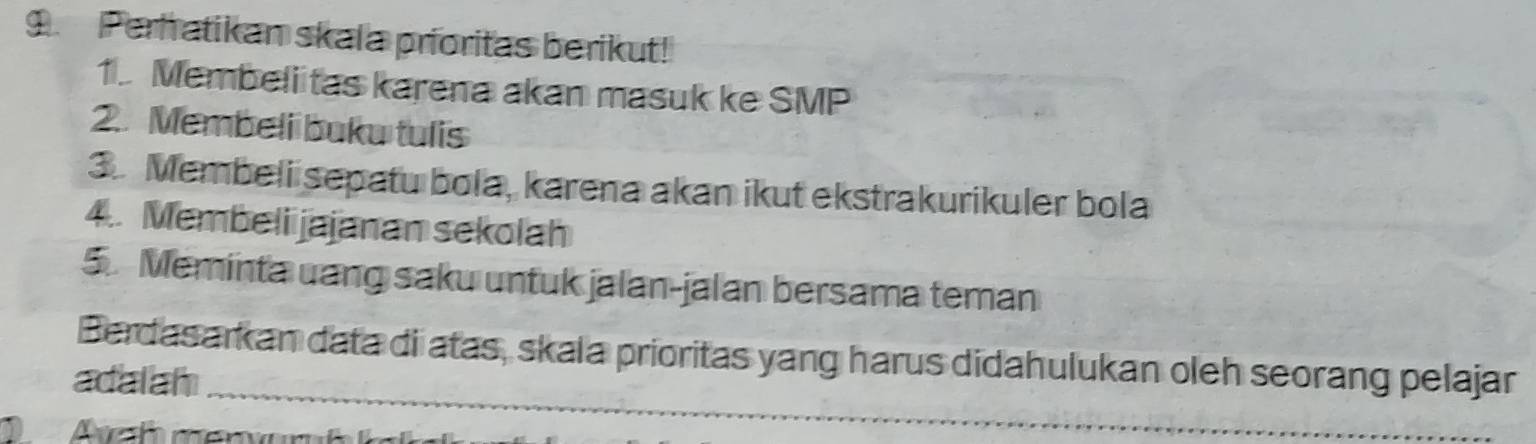 Perhatikan skala prioritas berikut! 
1. Membeliitas karena akan masuk ke SMP 
2. Membeli buku tulis 
3. Membeli sepatu bola, karena akan ikut ekstrakurikuler bola 
4. Membeli jajanan sekolah 
5. Meminta uang saku untuk jalan-jalan bersama teman 
_ 
Berdasarkan data di atas, skala prioritas yang harus didahulukan oleh seorang pelajar 
adalah