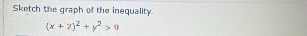 Sketch the graph of the inequality.
(x+2)^2+y^2>9