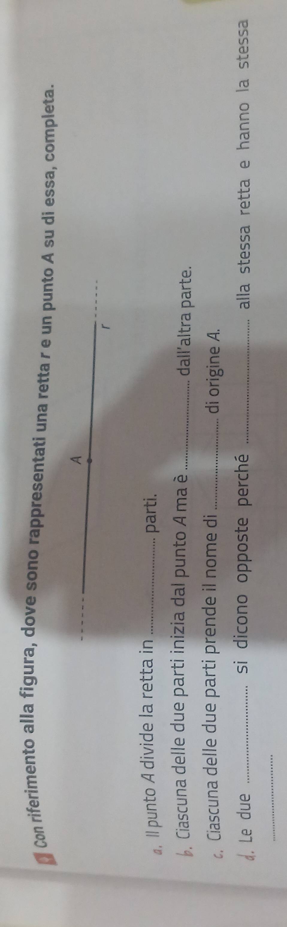 Con riferimento alla figura, dove sono rappresentati una retta r e un punto A su di essa, completa. 
A 
^ 
▲. ll punto A divide la retta in_ 
parti. 
. Ciascuna delle due parti inizia dal punto A ma é _dall'altra parte. 
. Ciascuna delle due parti prende il nome di _di origine A. 
d. Le due _si dicono opposte perché _alla stessa retta e hanno la stessa 
_