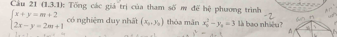 (1.3.1) : Tổng các giá trị của tham số m để hệ phương trình
beginarrayl x+y=m+2 2x-y=2m+1endarray. có nghiệm duy nhất (x_0,y_0) thỏa mãn x_0^(2-y_0)=3 là bao nhiêu? 
A