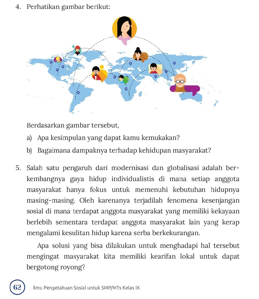 Perhatikan gambar berikut: 
Berdasarkan gambar tersebut, 
a) Apa kesimpulan yang dapat kamu kemukakan? 
b) Bagaimana dampaknya terhadap kehidupan masyarakat? 
5. Salah satu pengaruh dari modernisasi dan globalisasi adalah ber- 
kembangnya gaya hidup individualistis di mana setiap anggota 
masyarakat hanya fokus untuk memenuhi kebutuhan hidupnya 
masing-masing. Oleh karenanya terjadilah fenomena kesenjangan 
sosial di mana terdapat anggota masyarakat yang memiliki kekayaan 
berlebih sementara terdapat anggota masyarakat lain yang kerap 
mengalami kesulitan hidup karena serba berkekurangan. 
Apa solusi yang bisa dilakukan untuk menghadapi hal tersebut 
mengingat masyarakat kita memiliki kearifan lokal untuk dapat 
bergotong royong? 
62 Ilmu Pengetahuan Sosial untuk SMP/MTs Kelas IX