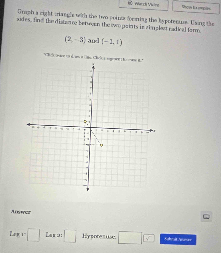 Watch Video Show Examples 
Graph a right triangle with the two points forming the hypotenuse. Using the 
sides, find the distance between the two points in simplest radical form.
(2,-3) and (-1,1)
Answer 
a 
Leg 1: □ Leg 2: □ Hypotenuse: □  V Submit Answer