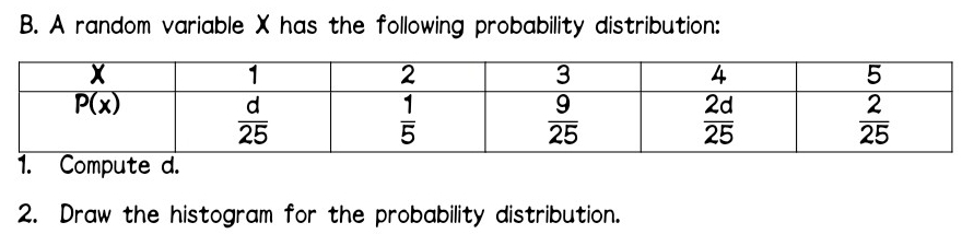 A random variable X has the following probability distribution:
1. Compute d.
2. Draw the histogram for the probability distribution.