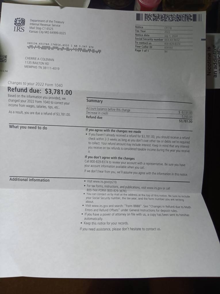 Solved: Department of the Treasury Internal Revenue Service IRS Mail ...