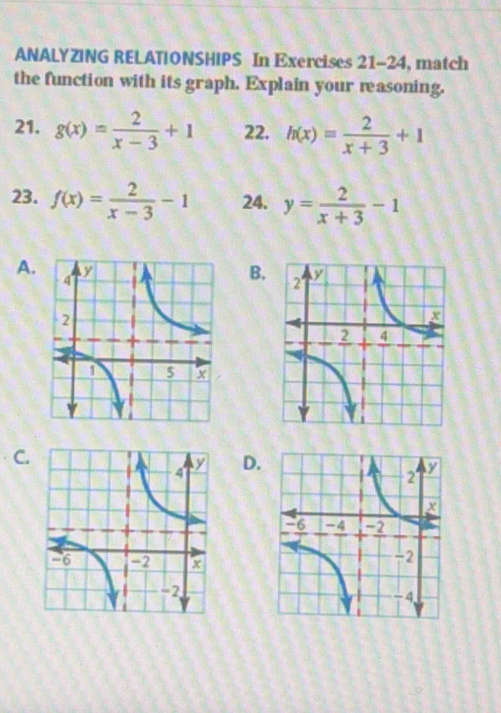 ANALYZING RELATIONSHIPS In Exercises 21-24 , match 
the function with its graph. Explain your reasoning. 
21. g(x)= 2/x-3 +1 22. h(x)= 2/x+3 +1
23. f(x)= 2/x-3 -1 24. y= 2/x+3 -1
A.B. 
C. 
D.