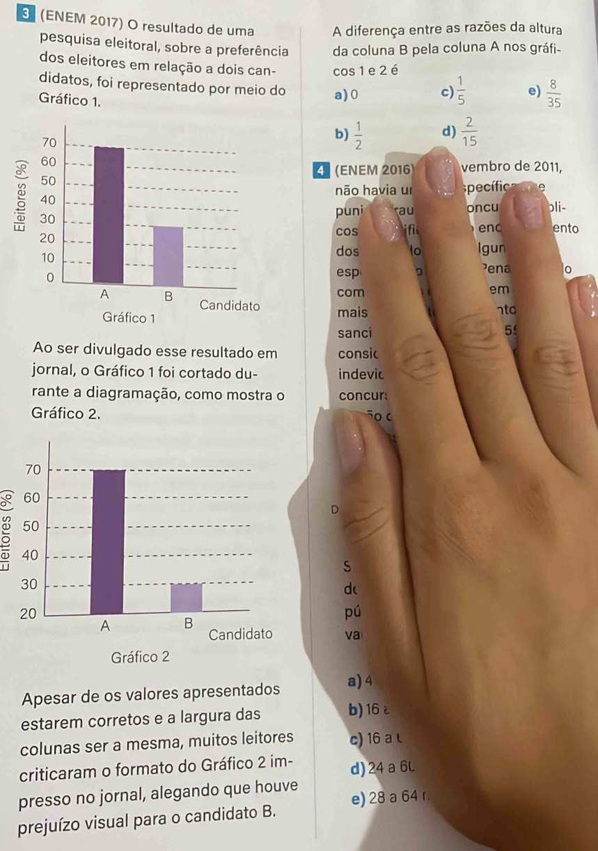 3 (ENEM 2017) O resultado de uma
A diferença entre as razões da altura
pesquisa eleitoral, sobre a preferência da coluna B pela coluna A nos gráfi
dos eleitores em relação a dois can- cos 1 e 2 é
didatos, foi representado por meio do a) 0
c)  1/5  e)  8/35 
Gráfico 1.
d)
b)  1/2   2/15 
4 (ENEM 2016) vembro de 2011,
não havia ur
s pecíic
puni au oncu bli-
cos f enc
ento
dos lo Igun
esp D ena
com em
mais nto
sanci 5'
Ao ser divulgado esse resultado em consi
jornal, o Gráfico 1 foi cortado du- indevic
rante a diagramação, como mostra o concur
Gráfico 2.
o c
D
S
de
pú
va
Apesar de os valores apresentados a) 4
estarem corretos e a largura das b) 16c
colunas ser a mesma, muitos leitores c) 16 a t
criticaram o formato do Gráfico 2 im- d) 24 a 6l
presso no jornal, alegando que houve e) 28 a 64 r
prejuízo visual para o candidato B.