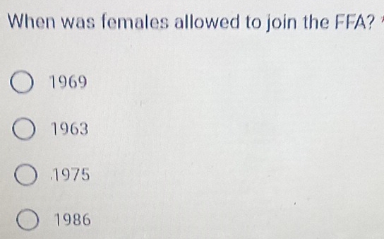 When was females allowed to join the FFA?
1969
1963
1975
1986