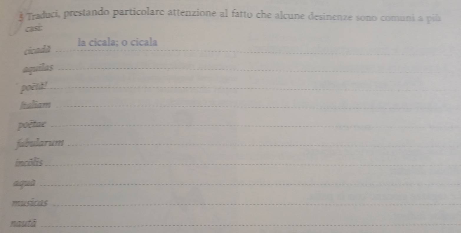 § Traduci, prestando particolare attenzione al fatto che alcune desinenze sono comuni a più 
casi: 
la cicala; o cicala 
cicadă_ 
_ 
_ 
aquilas_ 
poëtà!_ 
Italiam_ 
poêtae_ 
jabularum_ 
incolis_ 
aquā_ 
musicas_ 
nautā_