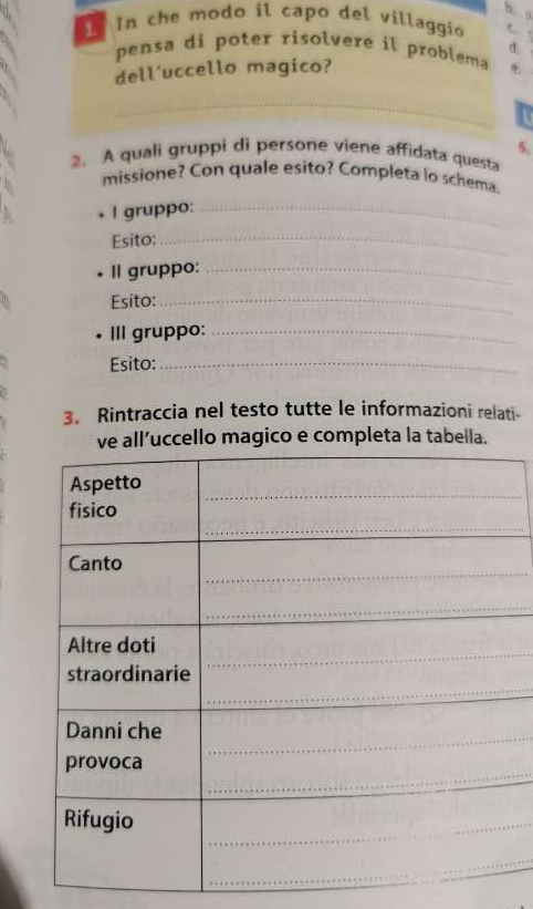 In che modo il capo del villaggio C 
d. 
pensa di poter risolvere il problema 
dell'uccello magico? 
_ 
5. 
2. A quali gruppi di persone viene affidata questa 
missione? Con quale esito? Completa lo schema. 
• l gruppo:_ 
Esito:_ 
Il gruppo:_ 
Esito:_ 
III gruppo:_ 
Esito:_ 
3. Rintraccia nel testo tutte le informazioni relati- 
ll’uccello magico e completa la tabella.