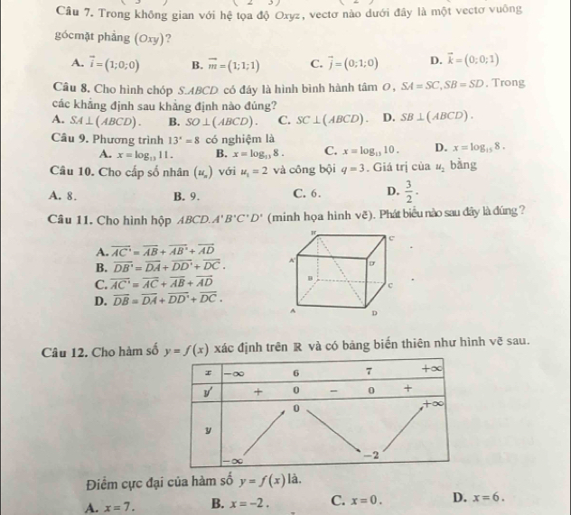 Cầu 7. Trong không gian với hệ tọa độ Oxyz, vectơ nào dưới đây là một vectơ vuỡng
gócmặt phẳng (Oxy)?
A. vector i=(1;0;0) B. vector m=(1;1;1) C. vector j=(0;1;0) D. vector k=(0;0;1)
Câu 8, Cho hình chóp S.ABCD có đấy là hình bình hành tan O,SA=SC,SB=SD , Trong
các khẳng định sau khẳng định nào đúng?
A. SA⊥ (ABCD). B. SO⊥ (ABCD). C. SC⊥ (ABCD). D. SB⊥ (ABCD).
Câu 9. Phương trình 13^x=8 có nghiệm là
A. x=log _1111. B. x=log _118. C. x=log _1310. D. x=log _158.
Câu 10. Cho cấp số nhân (u_n) với u_1=2 và công bội q=3. Giá trị của u_2 bàng
A. 8. B. 9. C. 6. D.  3/2 .
Câu 11. Cho hình hộp AB CD A'B'C'D' (minh họa hình ve). Phát biểu nào sau đây là đúng ?
A. overline AC=overline AB+overline AB+overline AD
B. overline DB'=overline DA+overline DD'+overline DC.
C. overline AC=overline AC+overline AB+overline AD
D. overline DB=overline DA+overline DD'+overline DC.
Câu 12. Cho hàm số y=f(x) xác định trên R và có bảng biến thiên như hình vẽ sau.
Điểm cực đại của hàm số y=f(x) là.
A. x=7. B. x=-2. C. x=0. D. x=6.