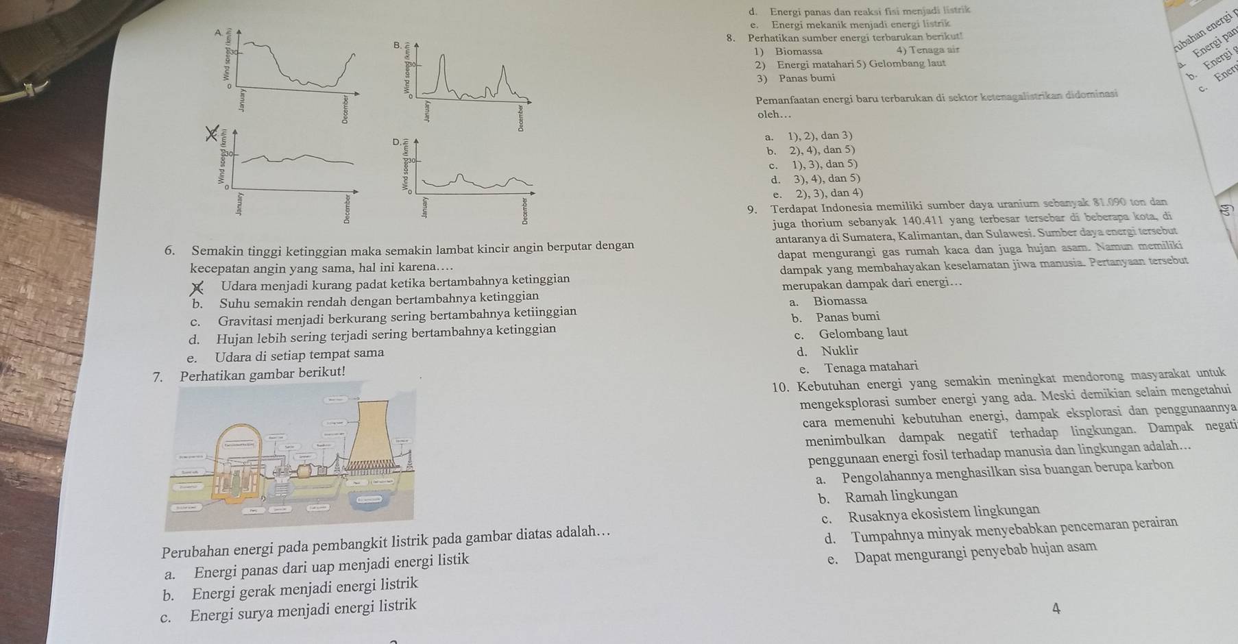 d. Energi panas dan reaksi fisi menjadi listrik
e. Energi mekanik menjadi energi listrik
ubahan energi
Ag 8. Perhatikan sumber energi terbarukan berikut!
B.ε
1) Biomassa 4) Tenaga air
Energi par
2) Energi matahari 5) Gelombang laut
c. Ener
3) Panas bumi
b. Energi
Pemanfaatan energi baru terbarukan di sektor ketenagalistrikan didominasi
oleh..
a.
Dξ 1), 2), dan 3)
b. 2), 4), dan 5
c. 1), 3), dan 5)
d. 3), 4), dan 5)
e. 2), 3), dan 4)
:
9. Terdapat Indonesia memiliki sumber daya uranium sebanyak 81.090 ton dan
juga thorium sebanyak 140.411 yang terbesar tersebar di beberapa kota, di
6. Semakin tinggi ketinggian maka semakin lambat kincir angin berputar dengan antaranya di Sumatera, Kalimantan, dan Sulawesi. Sumber daya energi tersebut
dapat mengurangi gas rumah kaca dan juga hujan asam. Namun memiliki
kecepatan angin yang sama, hal ini karena….
X Udara menjadi kurang padat ketika bertambahnya ketinggian dampak yang membahayakan keselamatan jiwa manusia. Pertanyaan tersebut
merupakan dampak dari energi...
b. Suhu semakin rendah dengan bertambahnya ketinggian
c. Gravitasi menjadi berkurang sering bertambahnya ketiinggian a. Biomassa
b. Panas bumi
d. Hujan lebih sering terjadi sering bertambahnya ketinggian
c. Gelombang laut
e. Udara di setiap tempat sama
d. Nuklir
7. Perhatikan gambar berikut!
e. Tenaga matahari
10. Kebutuhan energi yang semakin meningkat mendorong masyarakat untuk
mengeksplorasi sumber energi yang ada. Meski demikian selain mengetahui
cara memenuhi kebutuhan energi, dampak eksplorasi dan penggunaannya
menimbulkan dampak negatif terhadap lingkungan. Dampak negati
penggunaan energi fosil terhadap manusia dan lingkungan adalah...
a. Pengolahannya menghasilkan sisa buangan berupa karbon
b. Ramah lingkungan
Perubahan energi pada pembangkit listrik pada gambar diatas adalah…. c. Rusaknya ekosistem lingkungan
a. Energi panas dari uap menjadi energi listik d. Tumpahnya minyak menyebabkan pencemaran perairan
b. Energi gerak menjadi energi listrik e. Dapat mengurangi penyebab hujan asam
c. Energi surya menjadi energi listrik 4