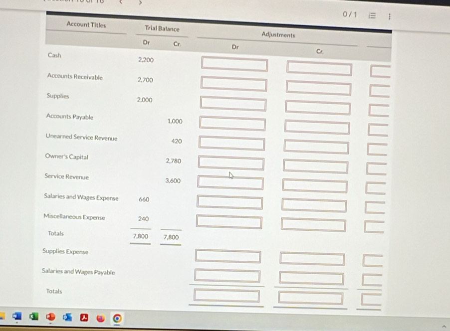 > 
Account Titles Trial Balance Adjustments 
Dr Cr. Dr Cr. 
Cash 2,200
Accounts Receivable 2,700
Supplies 2,000
Accounts Payable 1,000
Unearned Service Revenue 420
Owner's Capital 2,780
Service Revenue 3,600
Salaries and Wages Expense 660
Miscellaneous Expense 240
_ 
_ 
Totals 7,800 7,800
_ 
Supplies Expense 
Salaries and Wages Payable 
Totals