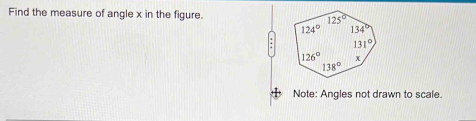 Find the measure of angle x in the figure.
Note: Angles not drawn to scale.