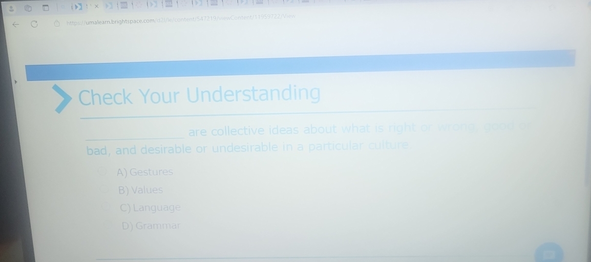 > 
https://umalearn.brightspace.com/d2l/le/content/547219/viewContent/11959722/View
Check Your Understanding
_
_
_
are collective ideas about what is right or wrong, good or
bad, and desirable or undesirable in a particular culture.
A) Gestures
B) Values
C) Language
D) Grammar