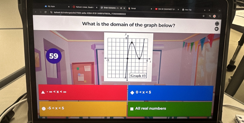 My Apps Kahoot: Linear, Quadr= Ø Enter nickname - A Portal DIA DE SWAPMEET EP
± kahoot.it/challenge/a3b27568-ae6a-4084-913f-34891d1f800b_1729255980022
What is the domain of the graph below?
59
x
0
-5 All real numbers