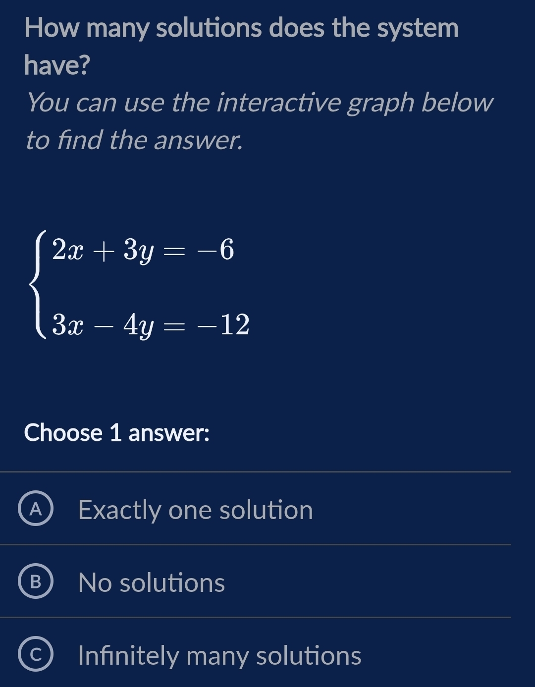 How many solutions does the system
have?
You can use the interactive graph below
to find the answer.
beginarrayl 2x+3y=-6 3x-4y=-12endarray.
Choose 1 answer:
Exactly one solution
No solutions
Infınitely many solutions