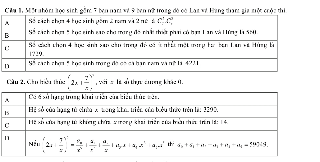 Một nhóm học sinh gồm 7 bạn nam và 9 bạn nữ trong đó có Lan và Hùng tham gia một cuộc thi.
Câu 2. Cho biểu thức (2x+ 7/x )^5 , với x là số thực dương khác 0.