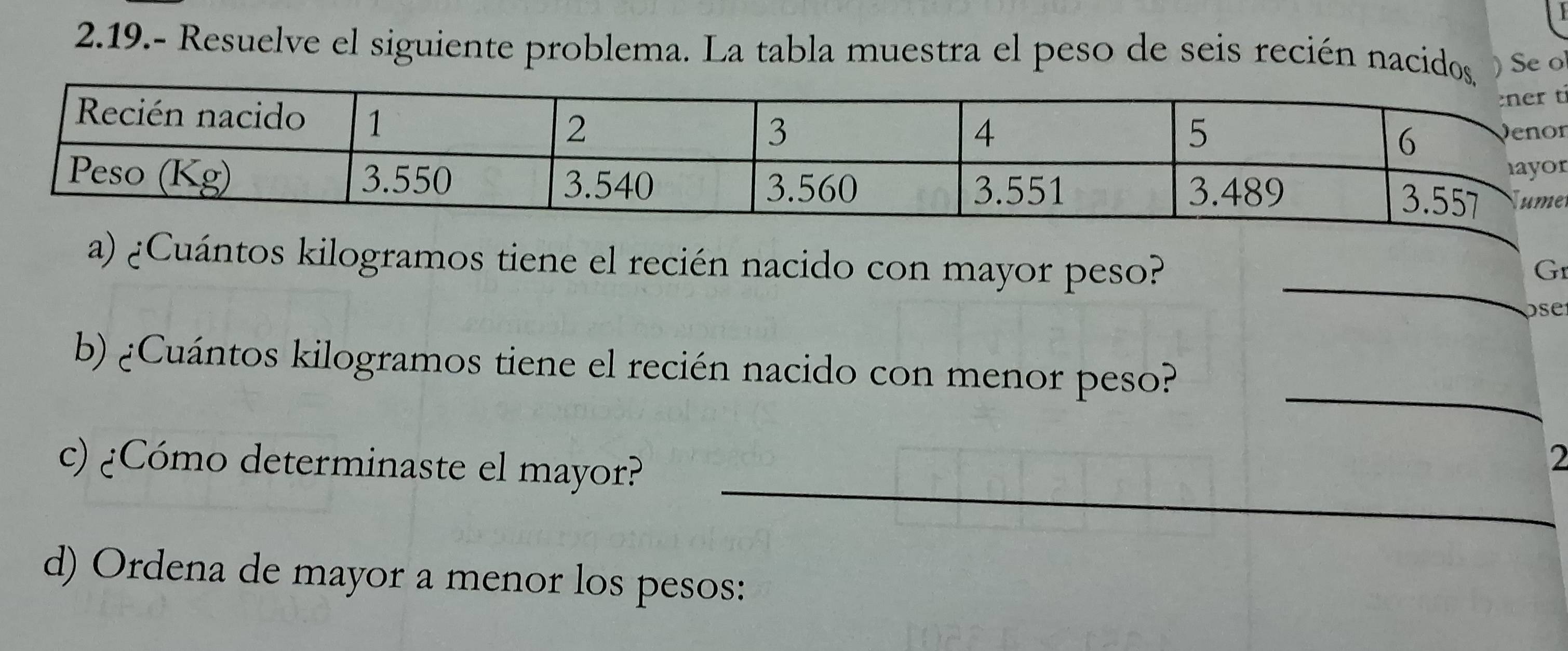 2.19.- Resuelve el siguiente problema. La tabla muestra el peso de seis recién nacidos ) Se o 
t 
r 
r 
e 
_ 
a) ¿Cuántos kilogramos tiene el recién nacido con mayor peso? 
G1 
os 
_ 
b) ¿Cuántos kilogramos tiene el recién nacido con menor peso? 
_ 
c) ¿Cómo determinaste el mayor? 
2 
d) Ordena de mayor a menor los pesos: