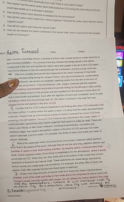 ca bon atom eventually form coal? What is coal used for today?
5. Now explain how the same carbon atom (that existed as CO2 during the Carboniferous Period)
could have ended up in a dinosaur's stomach.
6. How did this carbon atom become re-released into the atmosphere?
7. How did the carbon atom meet a tiny marine organism? What did the carbon atom help the marine
organism build?
8. How did the carbon atom become natural chalk?
9. How can we release the carbon contained in the natural chalk, which could be from the exhaled
breath of a dinosaur?
ame Date: Class:
later, humans mine these ancient coal beds and burn coal in power plants to create electricity to
fuel industrial dvilization. The process of burning relesses the energy stored in the carbon
compounds in the coal and reunites the carbon alom with oxygen in the air to form CO2 again.
The CO2 is released to the atmosphere through the smokestack, and the journey continues.
Now let's consider what would have happened to the carbon molecule if it had been
eaten by a dinesaur living during the Jurassic Period. Let's say a brontosaurus, a plant-eating
erbivore), ate the fern for breakfast, ingesting carbon from the fem in the form of
ates and proteins. In the brontosaurus' cells, oxygen combined with the ingested
containing carbehydrates and proteins to provide energy for the dinoseur's daily activity 
02 was a waste product of this process and was expelled from the dinesaur's body when he
took a deep breath and exhaled, hours after the digestion process was completed, when he was
still feeling content from his morning meal. So, the carton contained in the leafy fer was
released into the atmosphere in the form of CO2
Consider that this CO2 molecule happened to be floating with other CO2 molecules over
the ocean surface. In a place where the water is warm, it is likely that the water absorbed these
molecules. Oceans soak up a tremendous volume of carbon to prevent too much CO2 from
remaining in the atmosphere. Once our CO2 molecule was dissolved in the ocean water, it
could have been captured by a tiny marine organism that used it to make its shell. There are
trifions upon trifions of little ocean creatures, including foraminiferans, coccofiths and
calcareous algae, that capture atmospheric carbon in the form of CO2 and use it to make
caltium carbonats (CaCO3) shells. For example, the shells of clams and snails are made of
calbum carbon ate.
Most off the carbonate shells are produced by microscopic creatures called plankton,
which floal in all oceans of the world. Although they do not live very long, plankten absorb vast
quantities of carbon in their shell-building activities. By keeping carbon contained within their
shells, marine organisms keep it from being re-evaporated into the atmesphere, where it would
accumulate as CO2. When they die, their shells sink to the bottom of the ocean floor to form
sediments of limestone and natural chalk. These sediments are raised above sea level by
tectonic activity and create large rock formations. For example, the white cliffs of Dover are
gigantic chalk cliffs eriginally formed from these types of sediment.
People mine large amounts of natural chalk from these from these rock formations.
However, much of the chalk sold today is man-made and is not composed of natural carbonate
Through a simple chemical reaction with vinegar, we can release the carbon stored in this chalk
TeachEngineering.or Engineerng
Giroseas Breath