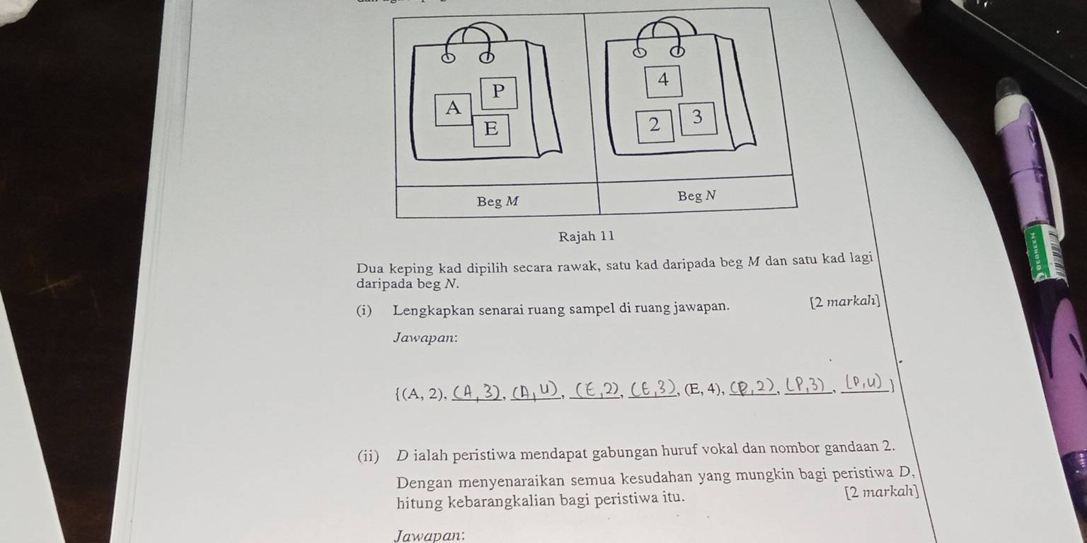 Dua keping kad dipilih secara rawak, satu kad daripada beg M dan satu kad lagi 
daripada beg N. 
(i) Lengkapkan senarai ruang sampel di ruang jawapan. [2 markah] 
Jawapan:
 (A,2), _ (A,3),(A,u),(E,2), _ (£,3) _ (E,4),_ (p,2),_ (p,3), __ (p,u)
(ii) D ialah peristiwa mendapat gabungan huruf vokal dan nombor gandaan 2. 
Dengan menyenaraikan semua kesudahan yang mungkin bagi peristiwa D, 
hitung kebarangkalian bagi peristiwa itu. [2 markah] 
Jawapan: