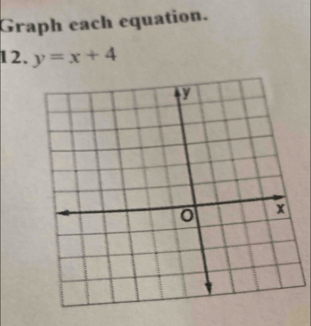 Graph each equation. 
12. y=x+4