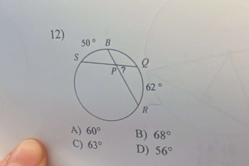 A) 60°
B) 68°
C) 63°
D) 56°