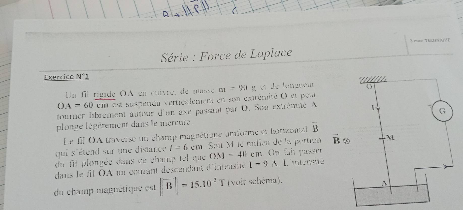 eme TECHNIQUE 
Série : Force de Laplace 
Exercice N°1 
Un fil rigide OA en cuivre, de masse m=90 get de longueur
OA=60 em est suspendu verticalement en son extrémité O et peut 
tourner librement autour d'un axe passant par O. Son extrémité A 
plonge légèrement dans le mercure. 
Le fil OA traverse un champ magnétique uniforme et horizontal overline B
qui s'étend sur une distance l=6cm. Soit M le mélieu de la portion overline B
du fil plongée dans ce champ tel que OM=40cm On fait passer 
dans le fil OA un courant descendant d'intensité I=9A L'intensité 
du champ magnétique est ||overline B||=15.10^(-2)T (voir schéma).