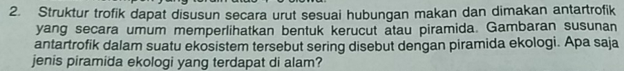 Struktur trofik dapat disusun secara urut sesuai hubungan makan dan dimakan antartrofik 
yang secara umum memperlihatkan bentuk kerucut atau piramida. Gambaran susunan 
antartrofik dalam suatu ekosistem tersebut sering disebut dengan piramida ekologi. Apa saja 
jenis piramida ekologi yang terdapat di alam?