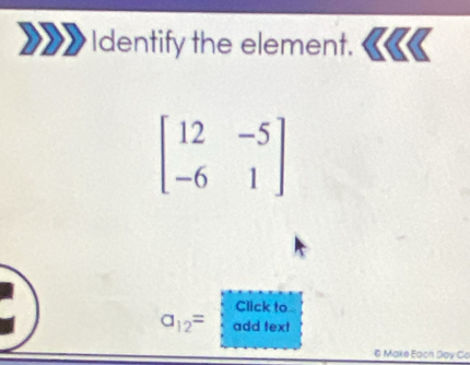 Identify the element.
beginbmatrix 12&-5 -6&1endbmatrix
Click to
a_12= add text 
© Make Each Doy Co