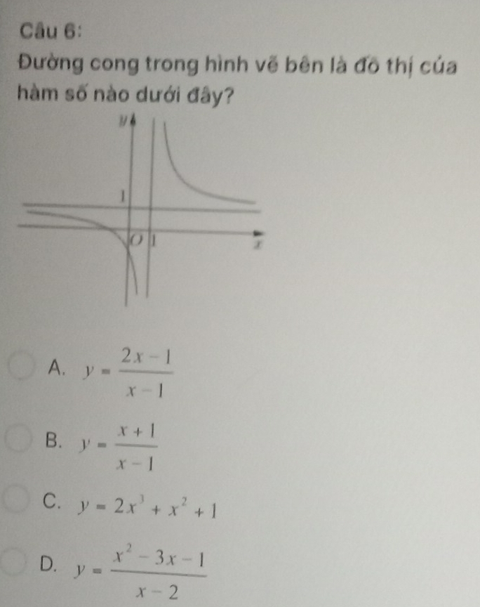 Đường cong trong hình vẽ bên là đô thị của
hàm số nào dưới đây?
A. y= (2x-1)/x-1 
B. y= (x+1)/x-1 
C. y=2x^3+x^2+1
D. y= (x^2-3x-1)/x-2 