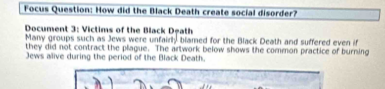 Focus Question: How did the Black Death create social disorder? 
Document 3: Victims of the Black Death 
Many groups such as Jews were unfairly blamed for the Black Death and suffered even if 
they did not contract the plague. The artwork below shows the common practice of burning 
Jews alive during the period of the Black Death.