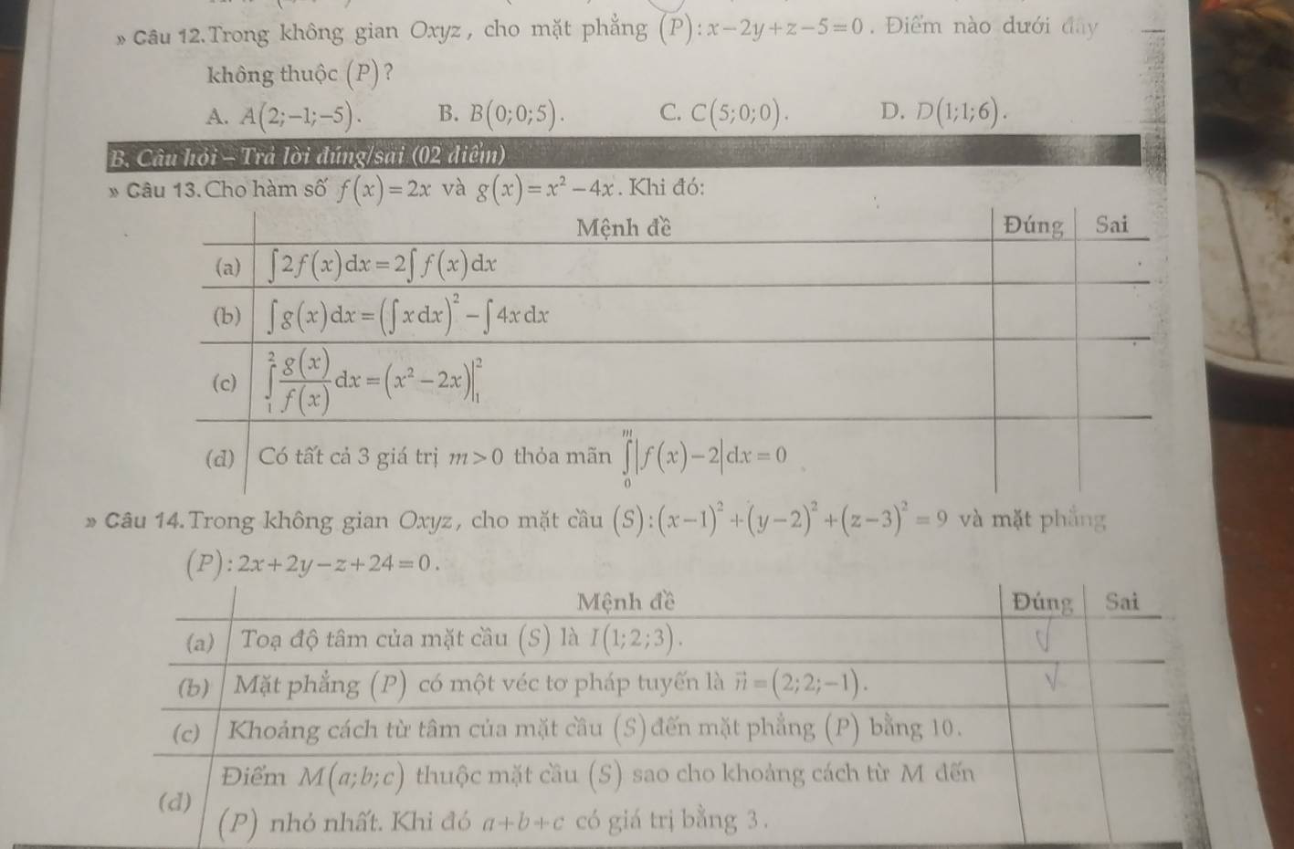 Câu 12.Trong không gian Oxyz , cho mặt phẳng (P): x-2y+z-5=0 Điểm nào dưới đây
không thuộc (P) ?
A. A(2;-1;-5). B. B(0;0;5). C. C(5;0;0). D. D(1;1;6).
B. Câu hỏi - Trả lời đúng/sai (02 điểm)
* Câu 13. Cho hàm số f(x)=2x và g(x)=x^2-4x. Khi đó:
* Câu 14. Trong không gian Oxyz, cho mặt cầu (S):(x-1)^2+(y-2)^2+(z-3)^2=9 và mặt phẳng