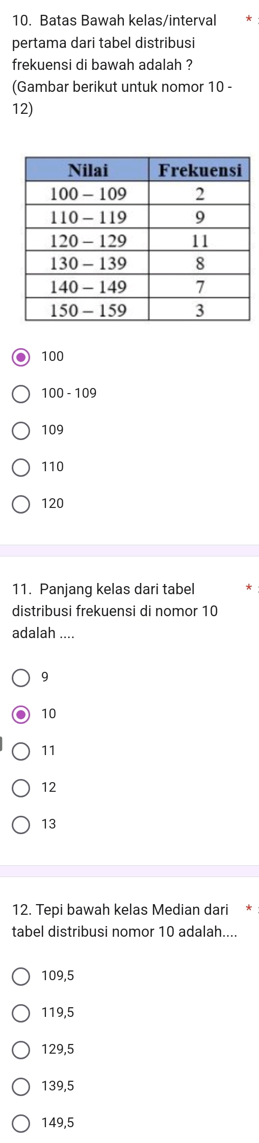 Batas Bawah kelas/interval
pertama dari tabel distribusi
frekuensi di bawah adalah ?
(Gambar berikut untuk nomor 10 -
12)
100
100 - 109
109
110
120
11. Panjang kelas dari tabel
distribusi frekuensi di nomor 10
adalah ....
9
10
11
12
13
12. Tepi bawah kelas Median dari *
tabel distribusi nomor 10 adalah....
109,5
119,5
129,5
139,5
149,5