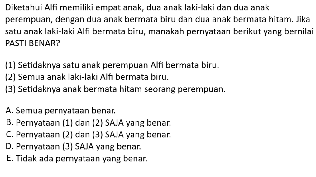 Diketahui Alfi memiliki empat anak, dua anak laki-laki dan dua anak
perempuan, dengan dua anak bermata biru dan dua anak bermata hitam. Jika
satu anak laki-laki Alfi bermata biru, manakah pernyataan berikut yang bernilai
PASTI BENAR?
(1) Setidaknya satu anak perempuan Alfi bermata biru.
(2) Semua anak laki-laki Alfi bermata biru.
(3) Setidaknya anak bermata hitam seorang perempuan.
A. Semua pernyataan benar.
B. Pernyataan (1) dan (2) SAJA yang benar.
C. Pernyataan (2) dan (3) SAJA yang benar.
D. Pernyataan (3) SAJA yang benar.
E. Tidak ada pernyataan yang benar.