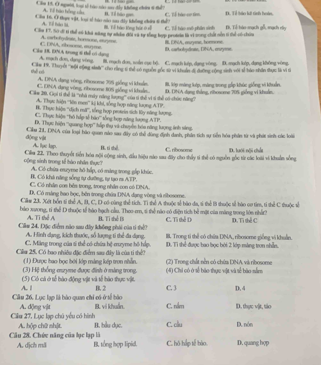 Tê bào gan.    l ê hào cơ tm
Câu 15, Ở người, loại tệ bão nào sau đầy không chứa tỉ thể?
A. Tế bào hồng cầu, B. Tề bào gan. C. Tế bào cơ tim. D. Tế bảo kẽ tinh hoàn.
Cầu 16. Ở thuực vật, loại tế bào nào sau đây không chứa tì thể?
A. Tế bào là. B. Tế báo lồng hút ở rễ C. Tế báo mô phần sinh D. Tế bảo mạch gỗ, mạch rây
Cầu 17. Sở đi tỉ thể có khả năng tự nhân đôi và tự tổng hợp protein là vì trong chất nền ti thể có chứa
A. carbohydrate, hormone, enzyme.
B. DNA, enzyme, hormone.
C. DNA, ribosome, enzyme.
D. carbohydrate, DNA, enzyme.
Câu 18. DNA trong tí thể có dạng
A. mạch đơn, dạng vòng. B. mạch dơn, xoắn cục bộ. C. mạch kép, dạng vòng. D. mạch kép, dạng không vòng.
Câu 19, Thuyết ''nội cộng sinh'' cho rằng tỉ thể có nguồn gốc từ vì khuản đị dưỡng cộng sinh với tế bảo nhân thực là vì tíỉ
thể có
A. DNA dạng vòng, ribosome 70S giống vi khuẩn. B. lớp màng kép, màng trong gấp khúc giống vi khuẩn.
C. DNA đạng vòng, ribosome 80S giống vi khuẩn.. D. DNA dạng thắng, ribosome 70S giống vi khuẩn.
Câu 20. Gọi tỉ thể là ''nhà máy năng lượng'' của tí thể vì ti thể có chức năng?
A. Thực hiện ''lên men'' kị khí, tổng hợp năng lượng ATP.
B. Thực hiện “dịch mã”, tổng hợp protein tích lũy năng lượng.
C. Thực hiện ''hô hấp tế bào' tổng hợp năng lượng ATP.
D. Thực hiện 'quang hợp' hấp thụ và chuyển hóa năng lượng ánh sáng.
Câu 21. DNA của loại bảo quan nào sau đây có thể dùng định danh, phân tích sự tiến hóa phân tử và phát sinh các loài
động vật
A. lục lạp. B. tí thể. C. ribosome D. lưới nội chất
Câu 22. Theo thuyết tiến hóa nội cộng sinh, dấu hiệu nào sau đây cho thấy ti thể có nguồn gốc từ các loài vi khuẩn sống
cộng sinh trong tế bào nhân thực?
A. Có chứa enzyme hô hấp, có màng trong gấp khúc.
B. Có khả năng sống tự dưỡng, tự tạo ra ATP.
C. Có nhân con bên trong, trong nhân con có DNA.
D. Có màng bao bọc, bên trong chứa DNA dạng vòng và ribosome.
Câu 23. Xét bốn tỉ thể A, B, C, D có cùng thể tích. Ti thể A thuộc tế bào da, ti thể B thuộc tế bào cơ tim, ti thể C thuộc tế
bảo xương, ti thể D thuộc tế bào bạch cầu. Theo em, ti thể nào có diện tích bề mặt của màng trong lớn nhất?
A. Ti thể A B. Ti thể B C. Ti thể D D. Ti thể C
Câu 24. Đặc điểm nào sau đây không phải của ti thể?
A. Hình dạng, kích thước, số lượng ti thể đa dạng. B. Trong ti thể có chứa DNA, ribosome giống vi khuẩn.
C. Màng trong của ti thể có chứa hệ enzyme hô hấp. D. Ti thể được bao bọc bởi 2 lớp màng trơn nhẫn.
Câu 25. Có bao nhiêu đặc điểm sau đây là của ti thể?
(1) Được bao bọc bởi lớp màng kép trơn nhẫn. (2) Trong chất nền có chứa DNA và ribosome
(3) Hệ thống enzyme được đính ở màng trong. (4) Chi có ở tế bào thực vật và tế bào nấm
(5) Có cả ở tế bào động vật và tế bào thực vật.
A. 1 B. 2 C. 3 D. 4
Câu 26. Lục lạp là bào quan chỉ có ở tế bào
A. động vật B. vi khuẩn. C. nấm D. thực vật, tảo
Câu 27. Lục lạp chủ yếu có hình
A. hộp chữ nhật. B. bầu dục. C. cầu D. nón
Câu 28. Chức năng của lục lạp là
A. dịch mã B. tổng hợp lipid. C. hô hấp tế bào. D. quang hợp