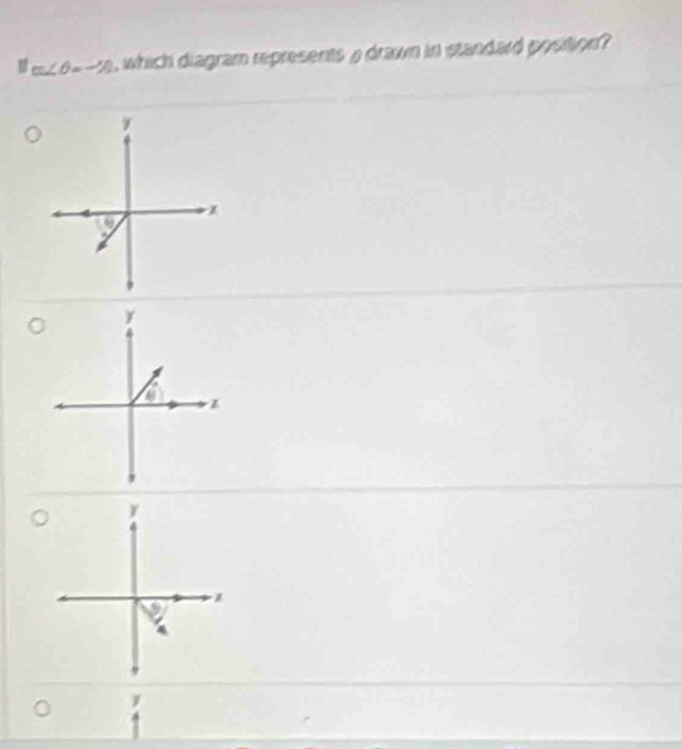 m∠ θ =-^x/_0 , which diagram represents a drawn in standard position ?