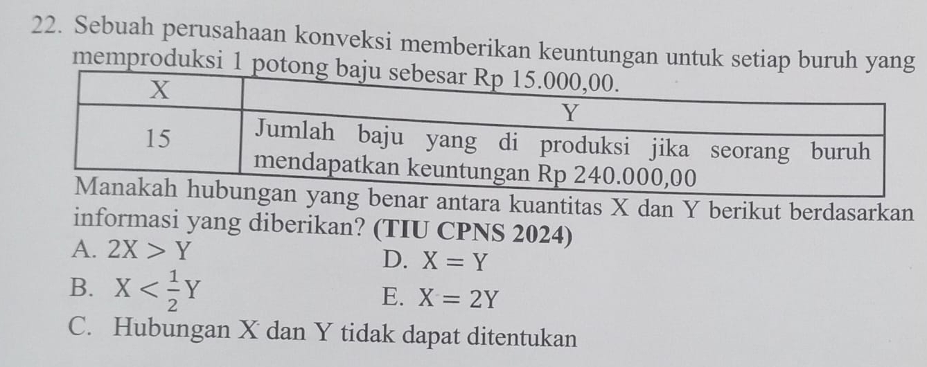 Sebuah perusahaan konveksi memberikan keuntungan untuk setiap buruh yan
memproduksi
benar antara kuantitas X dan Y berikut berdasarkan
informasi yang diberikan? (TIU CPNS 2024)
A. 2X>Y
D. X=Y
B. X
E. X=2Y
C. Hubungan X dan Y tidak dapat ditentukan